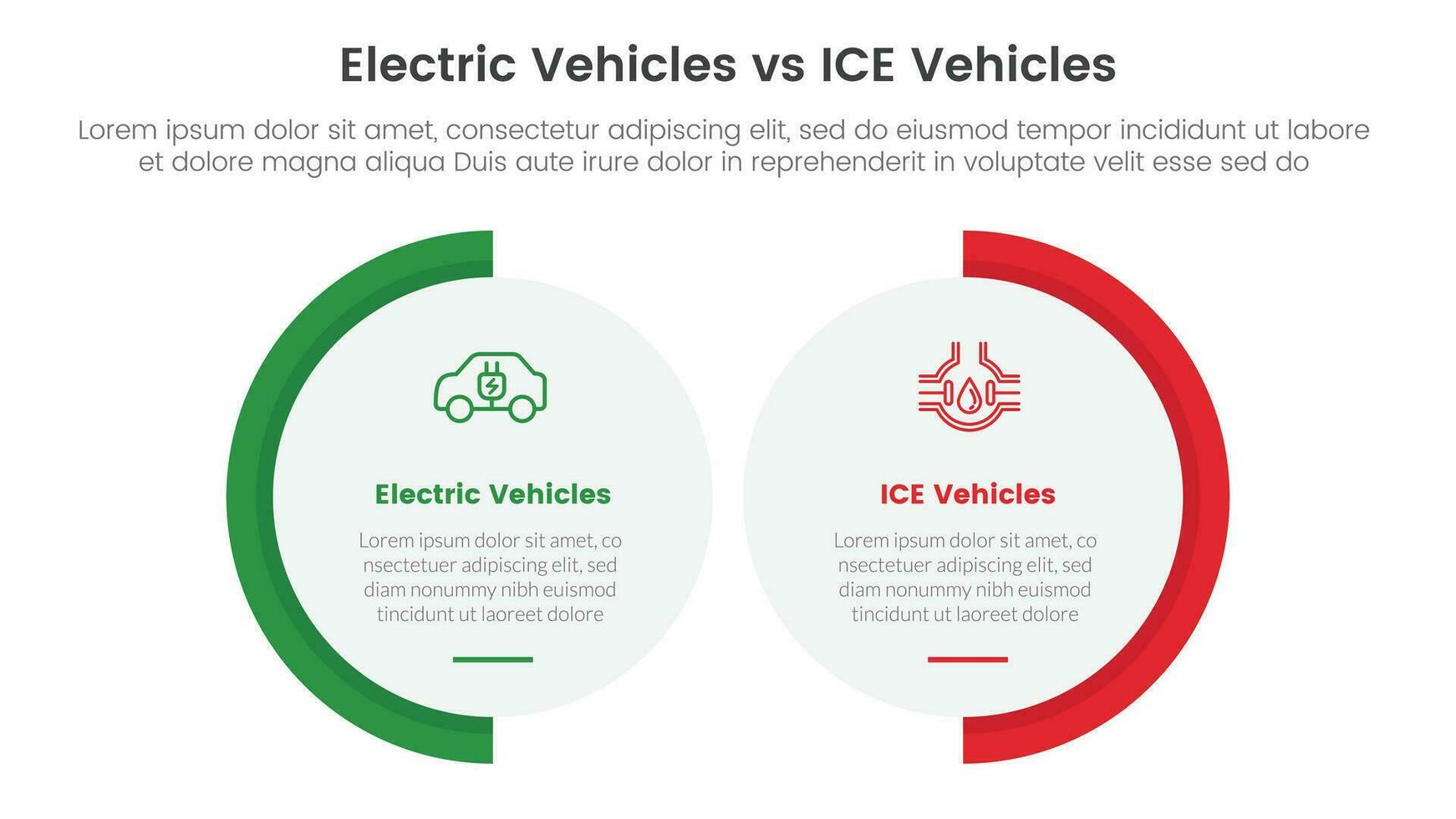 ev vs hielo eléctrico vehículo comparación concepto para infografía modelo bandera con grande circulo forma variación con dos punto lista información vector