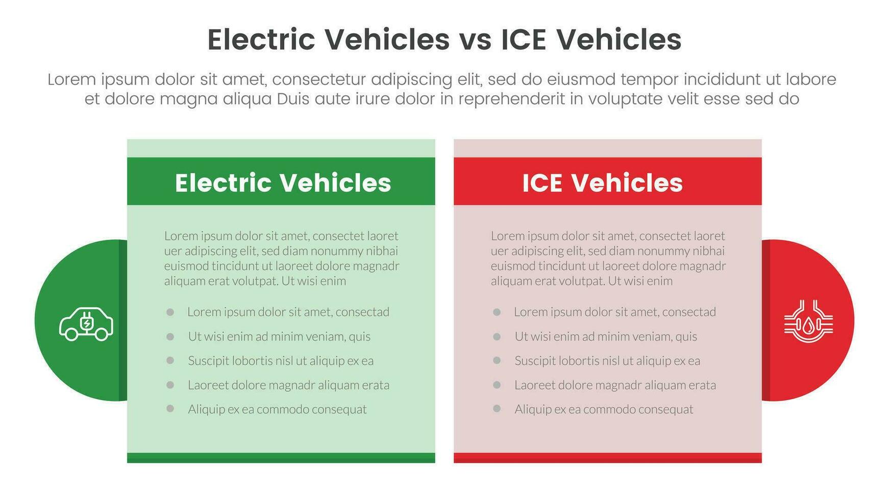 ev vs hielo eléctrico vehículo comparación concepto para infografía modelo bandera con mesa caja y circulo accesorios con dos punto lista información vector