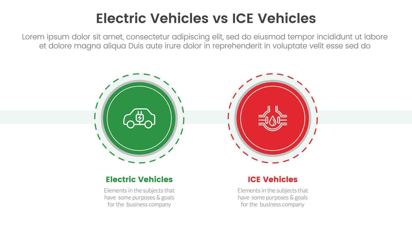 ev vs ice electric vehicle comparison concept for infographic template banner with big circle and outline style with two point list information vector