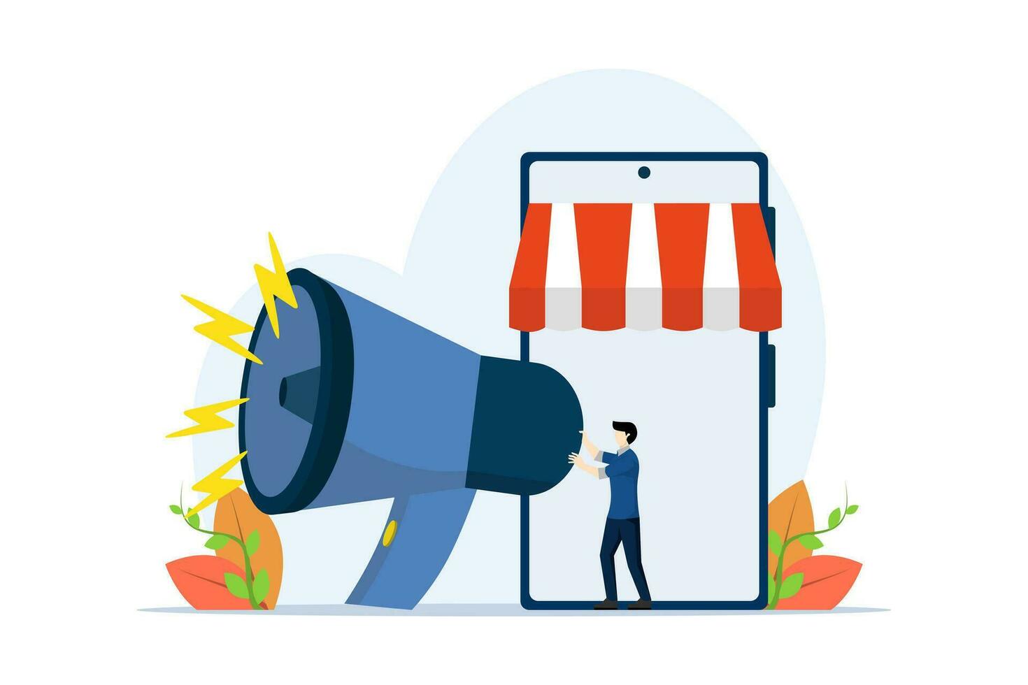 Online shopping marketing concept on smartphone. businessman holding megaphone on mobile phone in front of shop. ecommerce concept background. flat design vector illustration on white background.