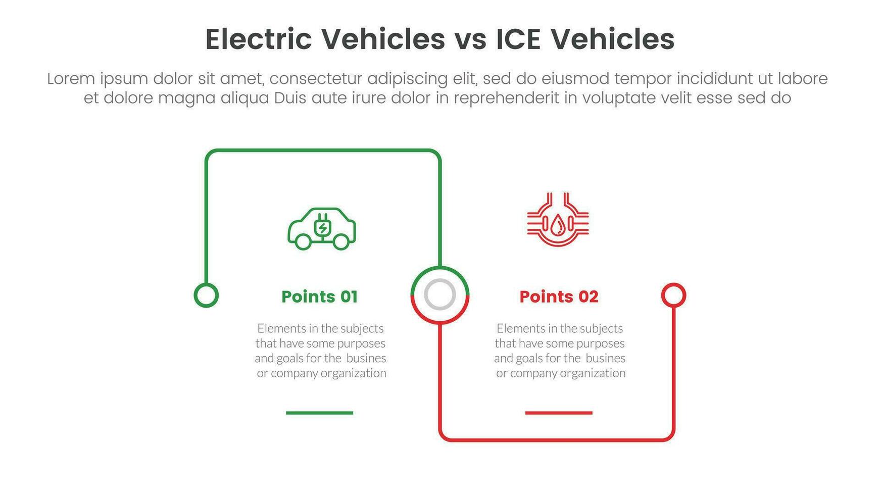 ev vs ice electric vehicle comparison concept for infographic template banner with square outline linked connection square base with two point list information vector