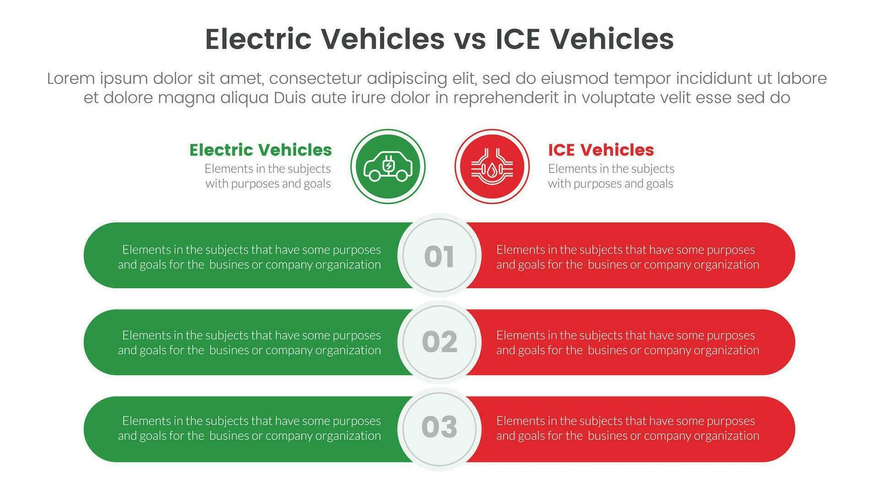 ev vs ice electric vehicle comparison concept for infographic template banner with round rectangle bar opposite with two point list information vector