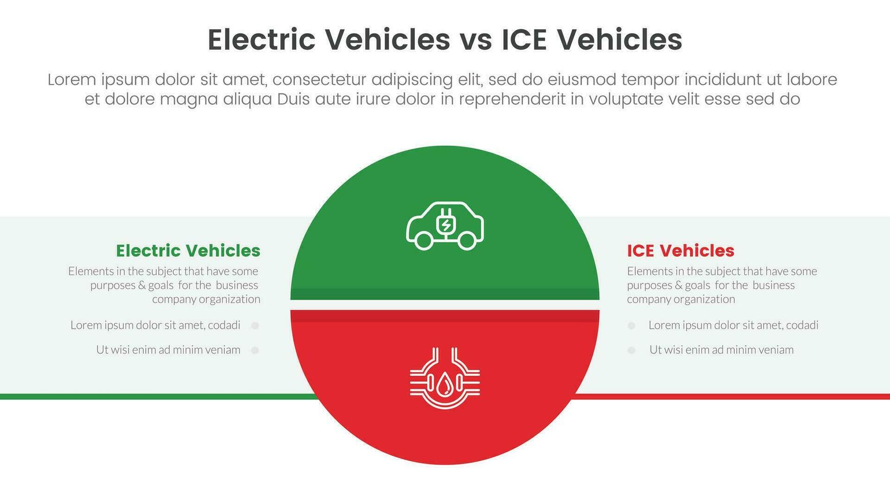 ev vs hielo eléctrico vehículo comparación concepto para infografía modelo bandera con grande circulo dividido y caja rectángulo con dos punto lista información vector