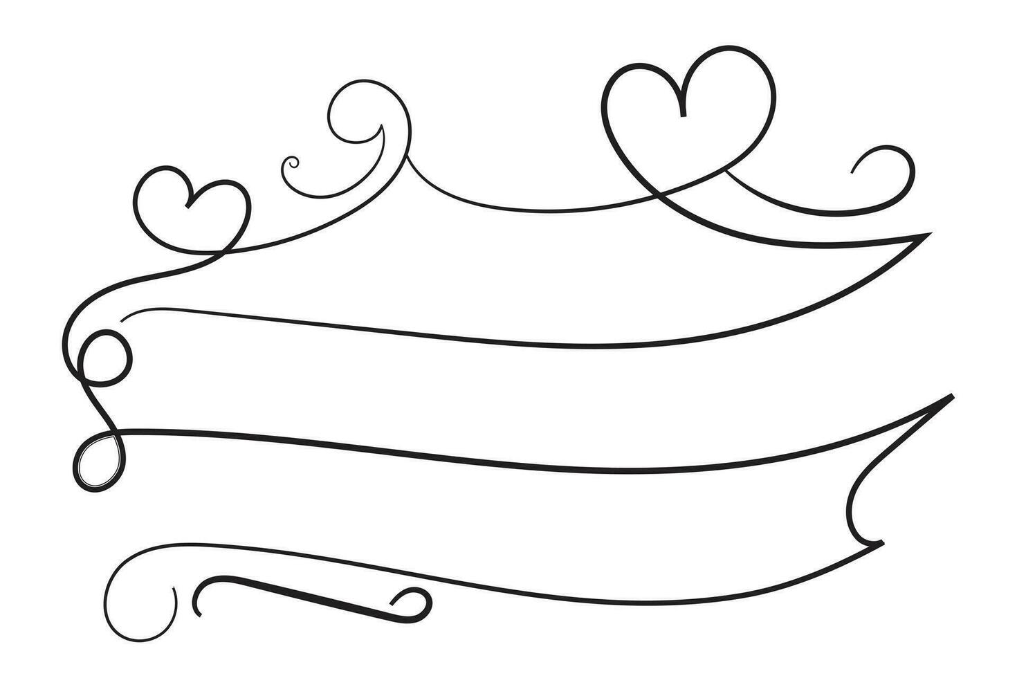 Hand drawn curly hearts scroll Line Calligraphic writing outline ribbon, calligraphy lettering poster useful valentine day, blank space writing for text, ribbon romantic love empty outline banner vector