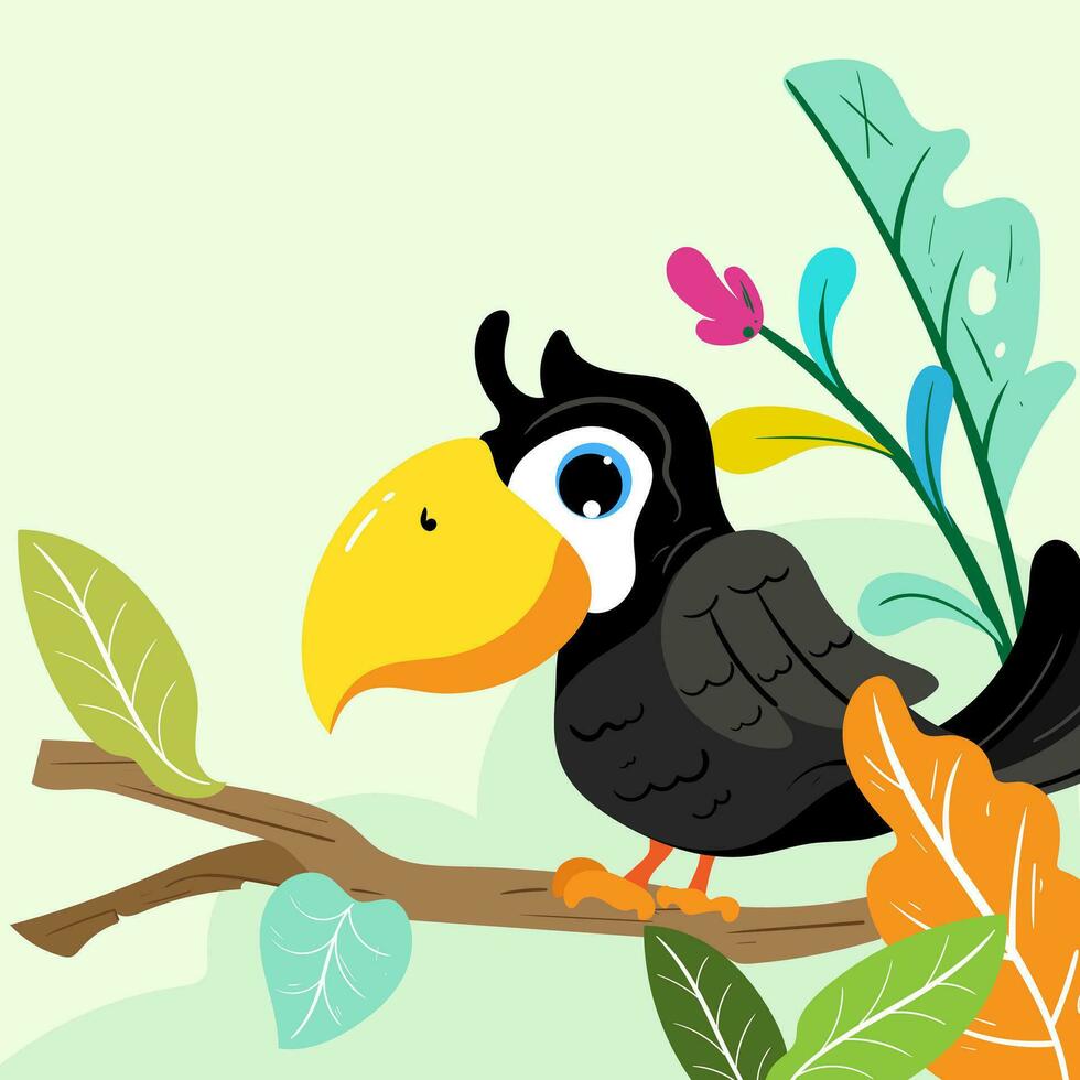 ilustración de linda tucán en rama. mano dibujado infantil personaje de tucan.infantil impresión para guardería. diseño lata ser usado para Moda camiseta niños vector