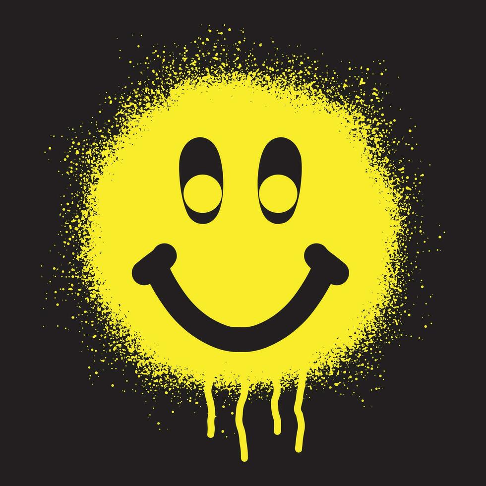 Smiley emoticon stencil graffiti with yellow spray paint on black background vector