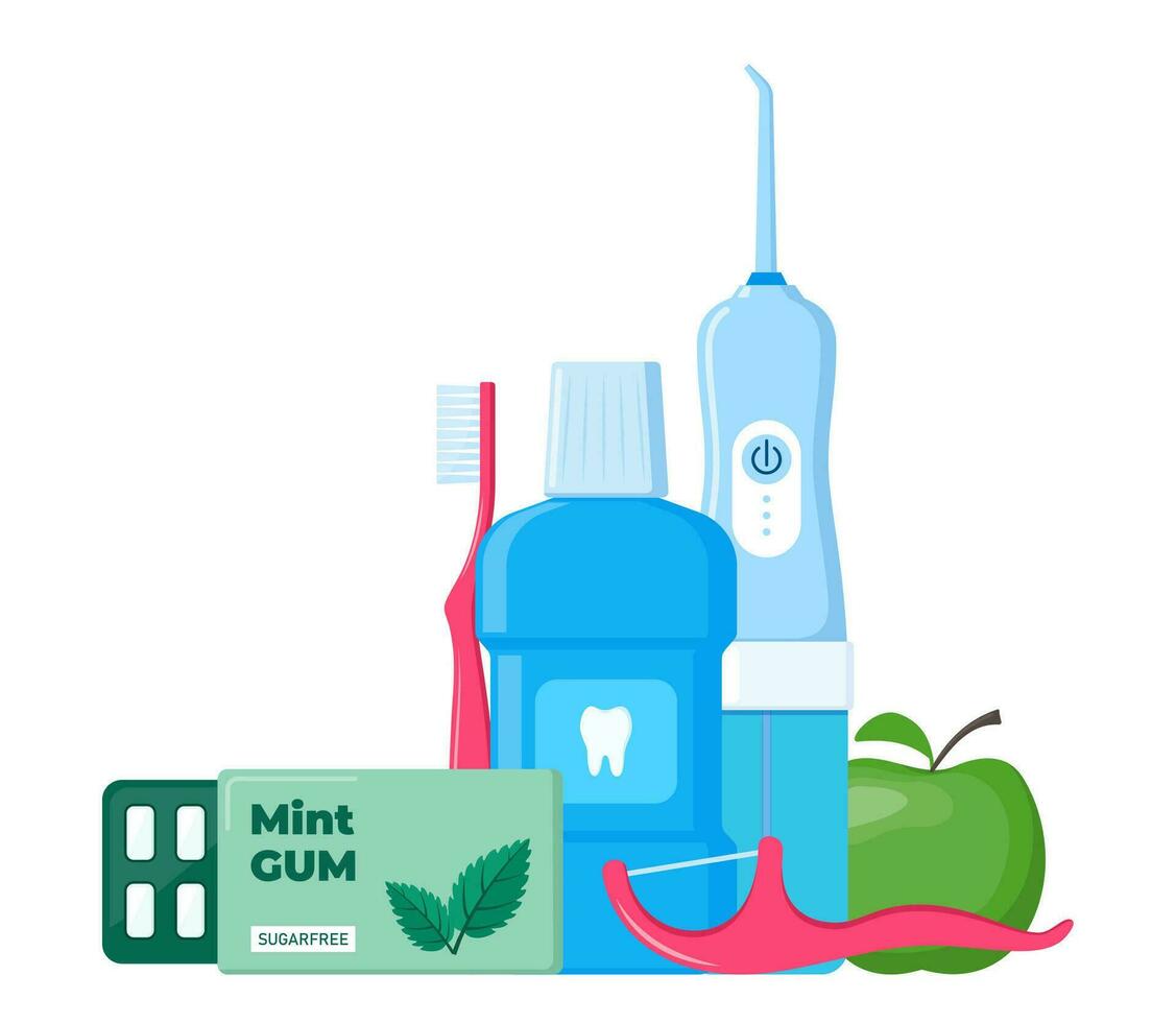 Tools and means for dental hygiene. Oral care and hygiene products. Vector illustration.