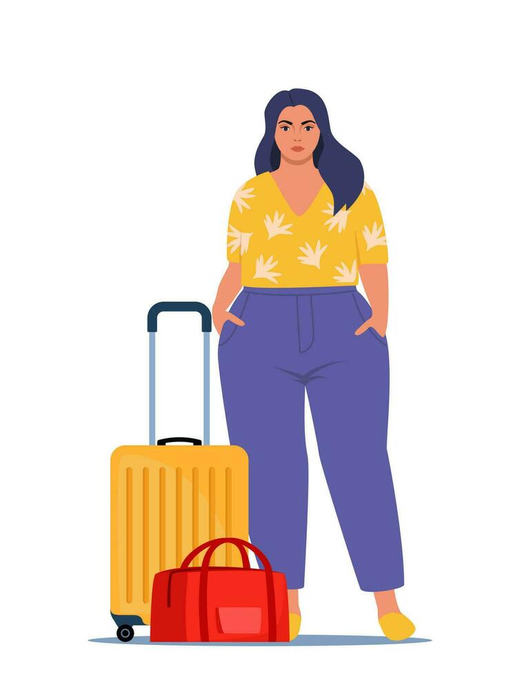 Woman stands beside luggage, ready for travel or commute. Suitcase and travel bag. Concept of adventure, journey, relocation. Vector Illustration.