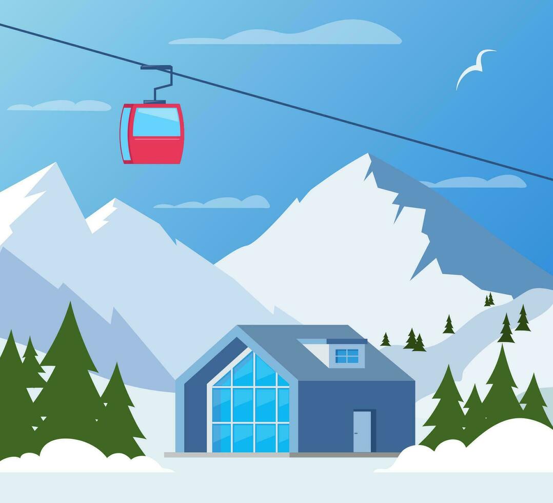 Ski resort. Winter mountain landscape with lodge, ski lift. Winter sports vacation banner. Vector illustration.