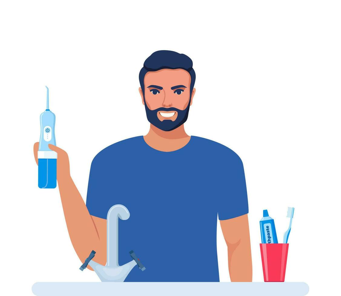 Man using dental irrigator, oral hygiene tool. Dental health concept. Cleaning teeth. Vector illustration.