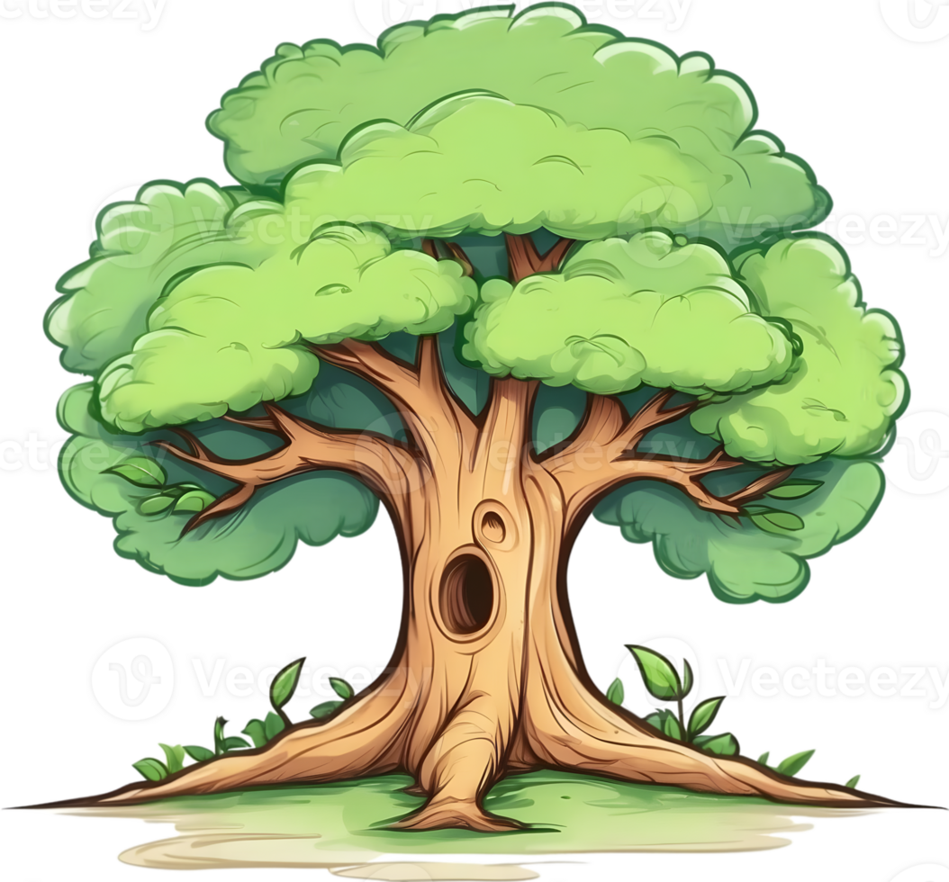 AI generated an animated tree with green leaves and grass png