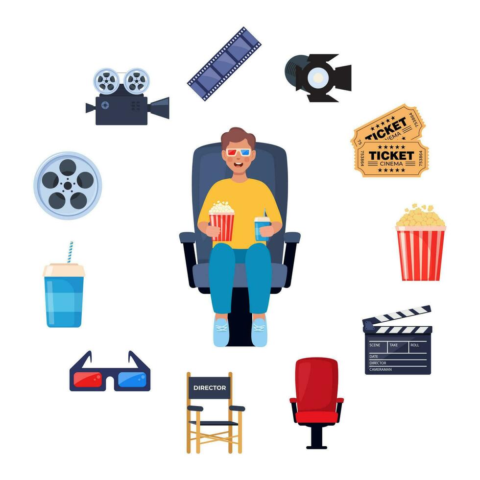 Kid watching movie with 3d glasses. Soda and popcorn in kids hands. Cinema elements around. Tickets, clapperboard, montage tape, video camera. Vector illustration.