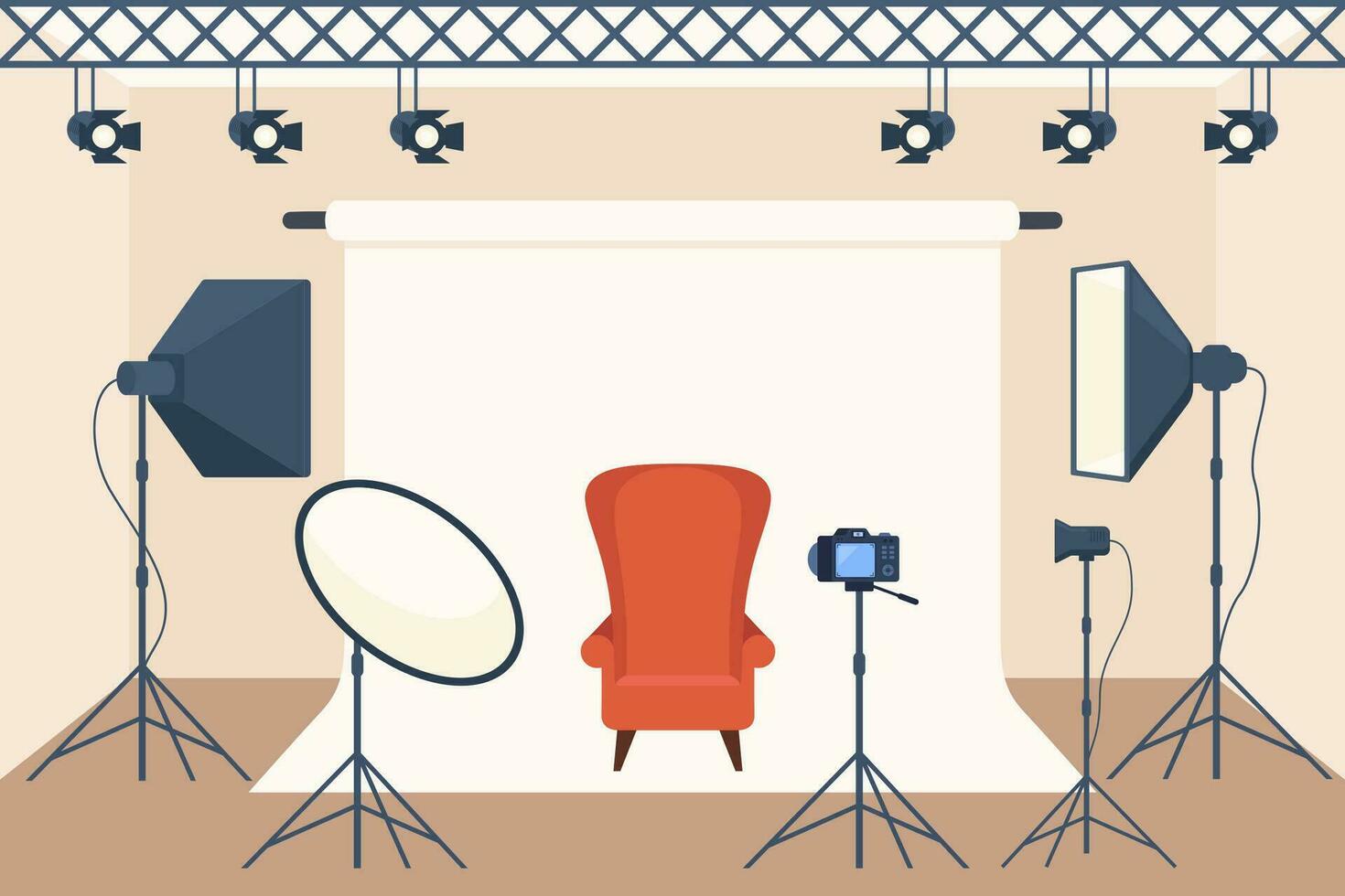Photo studio with white soft box light, camera, spotlight and armchair. Professional equipment for photo and video shooting. Vector illustration.