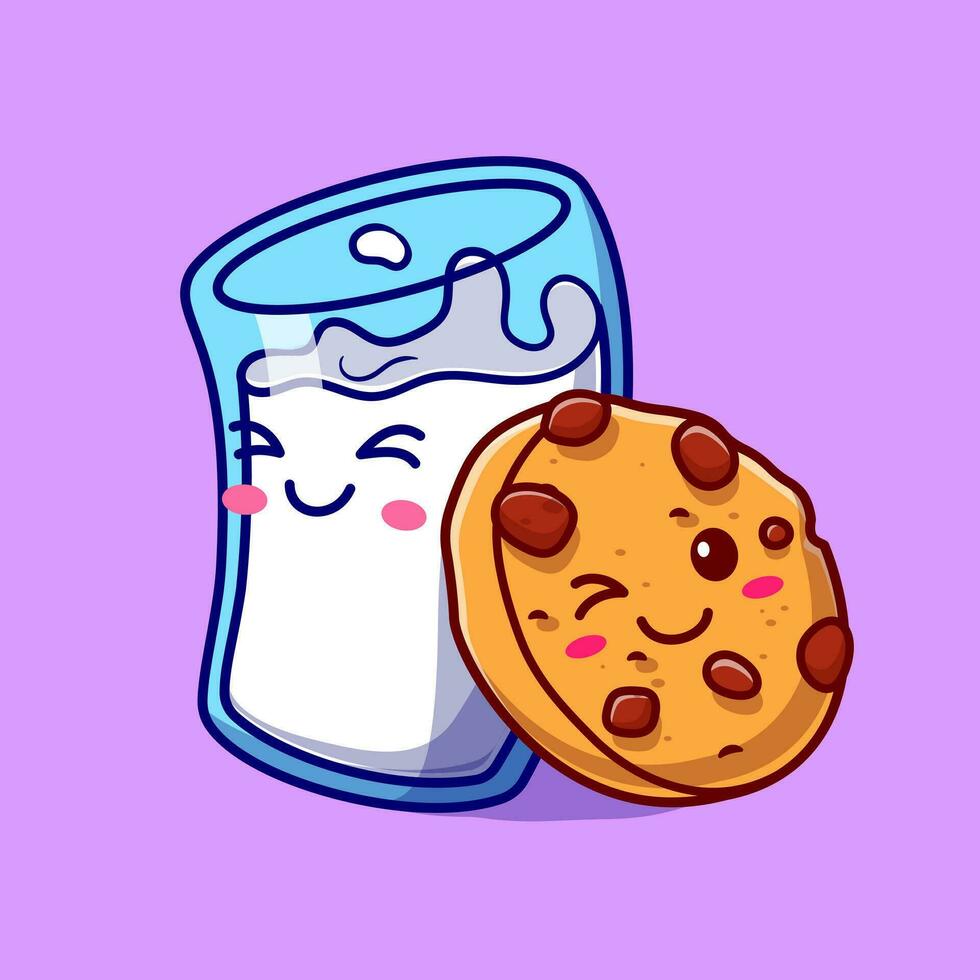 Cute Milk And Cute Cookies Cartoon Vector Icon Illustration. Food And Drink Icon Concept Isolated Premium Vector. Flat  Cartoon Style