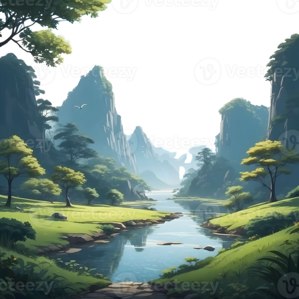 AI generated a cartoon landscape with trees and water png