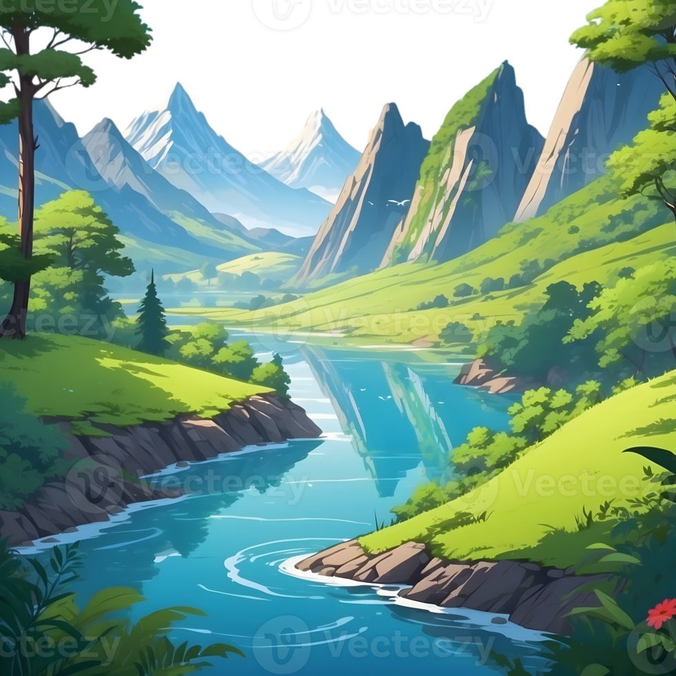 AI generated a cartoon landscape with trees and water png