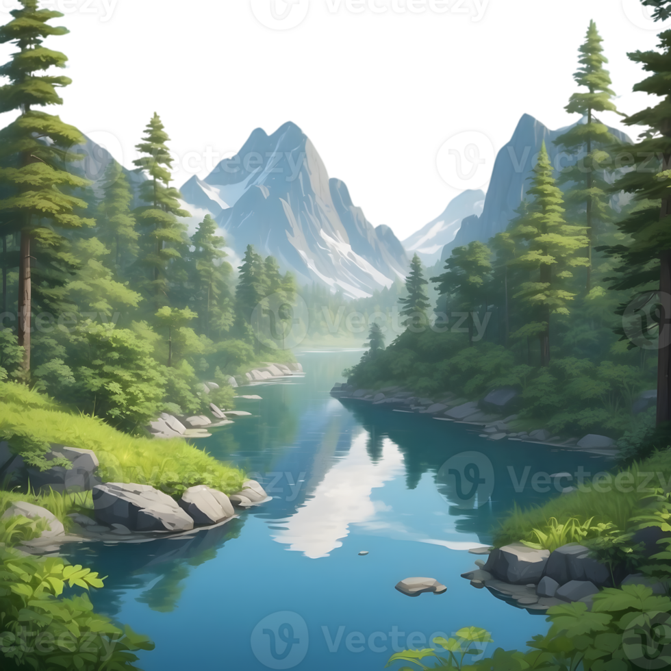 AI generated a cartoon landscape with trees and water png