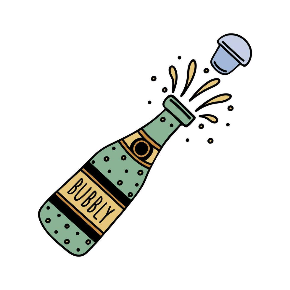 Champagne green bottle pop open with cork, vector icon. Festive alcohol with bubbles, wine splashes. Hand drawn bright doodle isolated on white. Drink for a party, holiday, New Year. Cartoon clipart