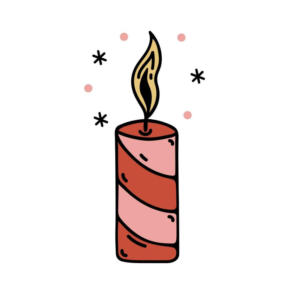 Burning wax candle vector icon. Striped red-pink candle for holidays - Christmas, New Year, Valentine's Day. Hand drawn bright doodle isolated on white. Flat cartoon clipart for print, posters, cards