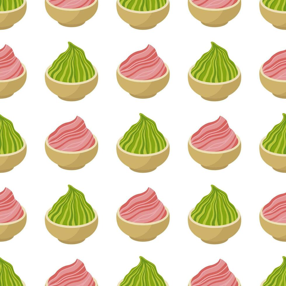 Asian sauces for sushi seamless vector pattern. Spicy wasabi paste and pickled ginger. Traditional condiments for rolls, seafood. Tasty dressing in wooden saucer. Flat cartoon background for print