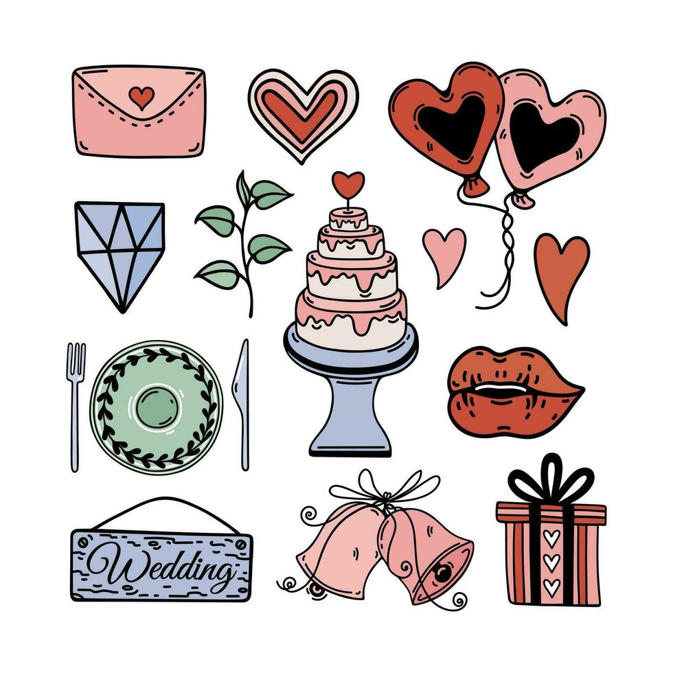 Wedding vector set. Symbols of marriage - tiered cake, heart shaped balloons, love message, kiss, gift, holiday bells. Cute bright elements isolated on white. Flat cartoon doodle clipart for print