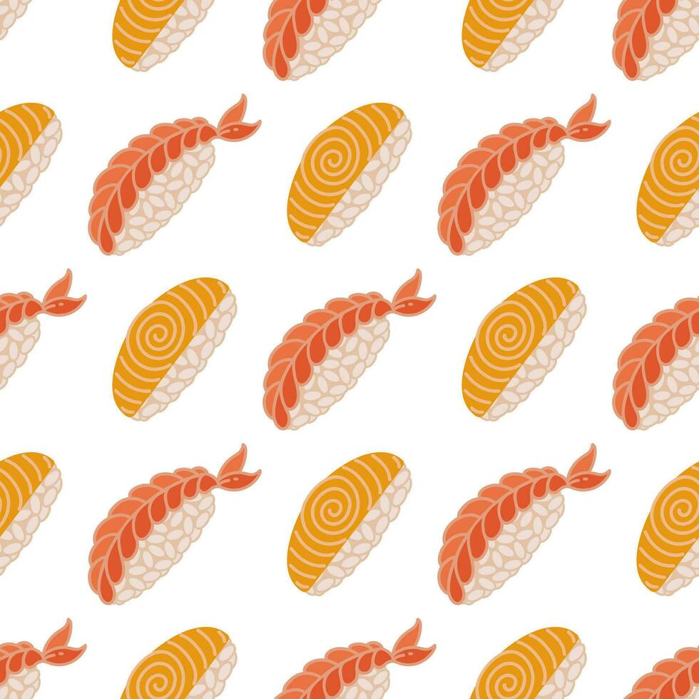 Nigiri seamless vector pattern. Fresh Japanese sushi with rice, shrimp, tamago omelette-fried egg. Traditional Asian fish rolls, sashimi. Raw seafood appetizer. Flat cartoon background for print, web