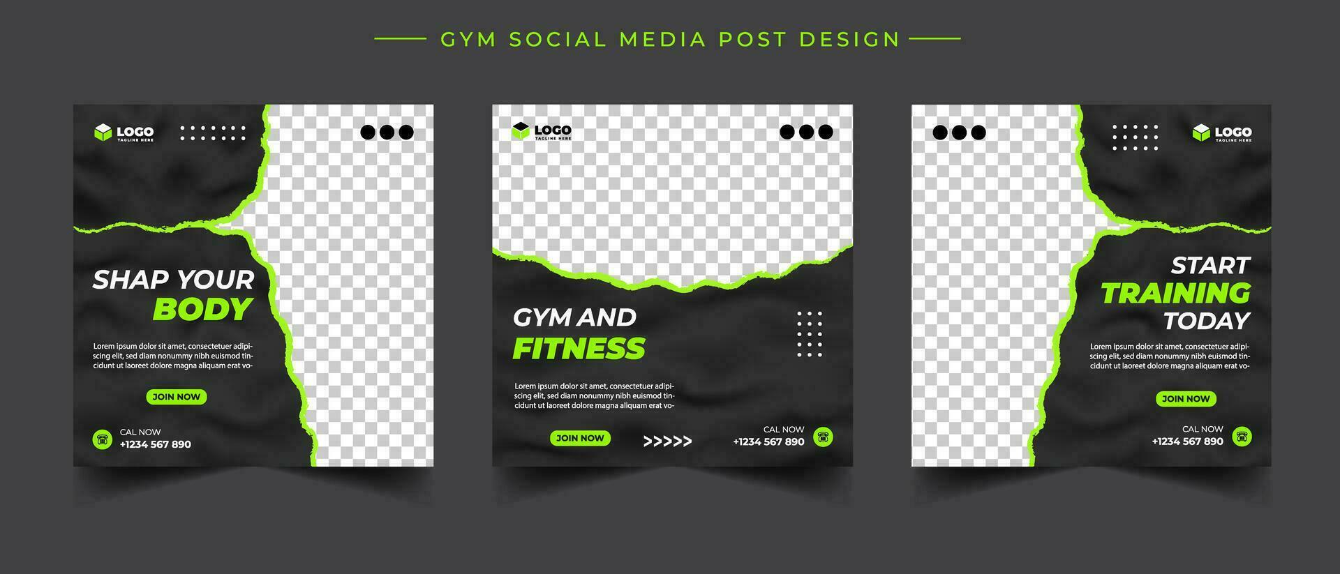 Gym, fitness, and sports social media post template design set. Usable for social media, banner, and website. vector