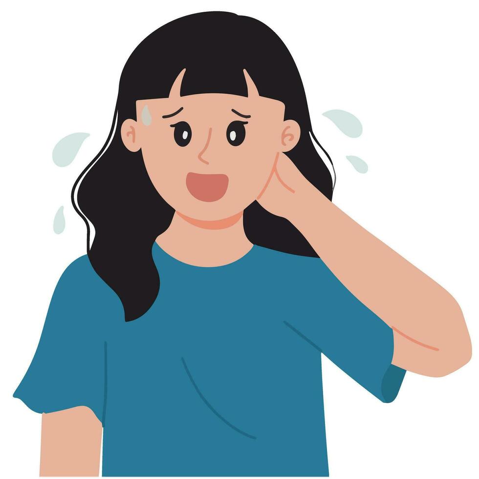 Illustration of woman with hand on her back head feeling guilty and innocent smiling hand drawing vector