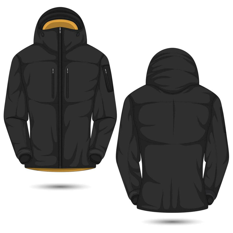 Hooded zipper waterproof jacket front and back view. Vector illustration