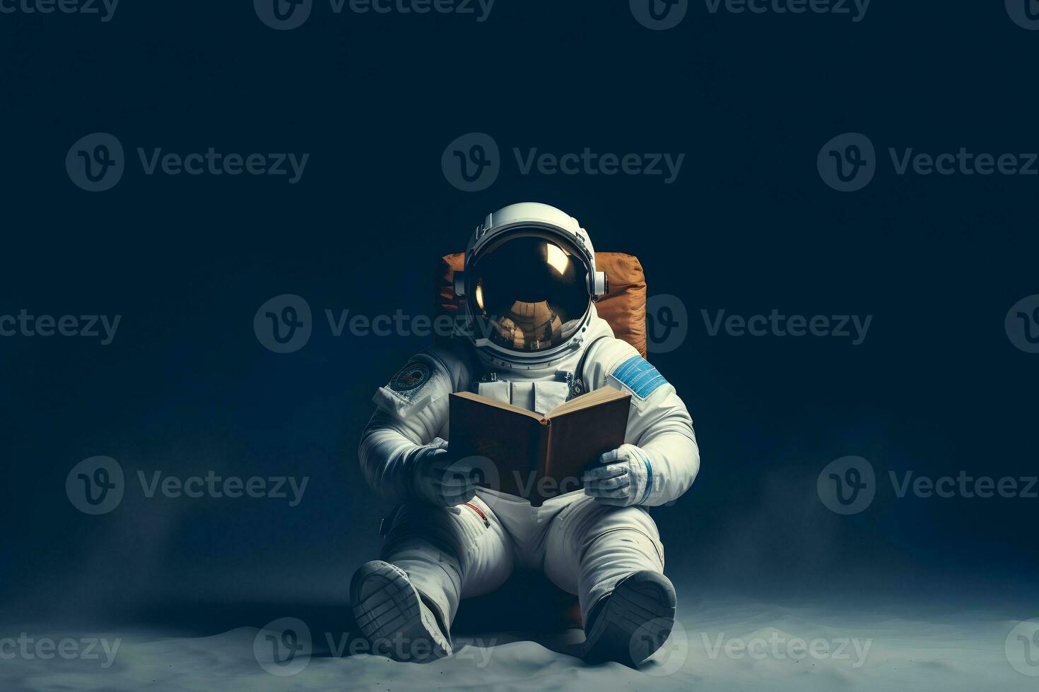 AI generated Cute spaceman or astronaut sitting on mountaintop and reading book. photo