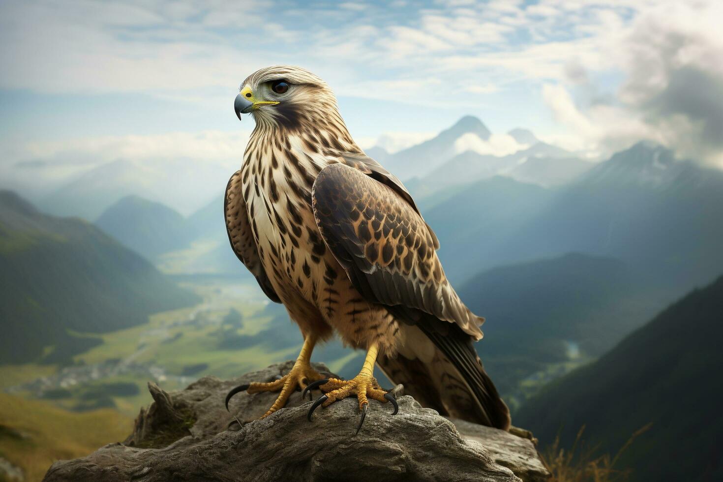 AI generated Majestic bald eagle perched high a rugged mountain peak photo