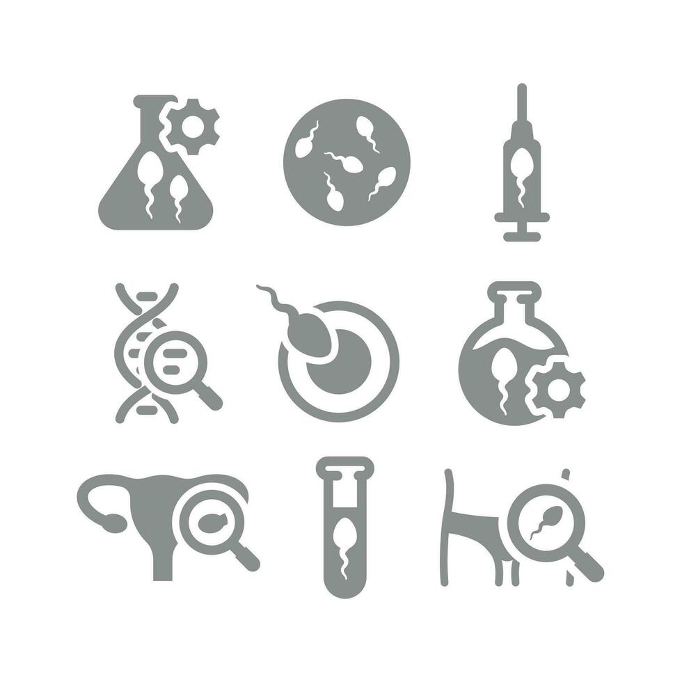 In vitro diagnostic, fertilization and insemination vector icons. Sperm in test tube, fertility therapy and examination icon set.