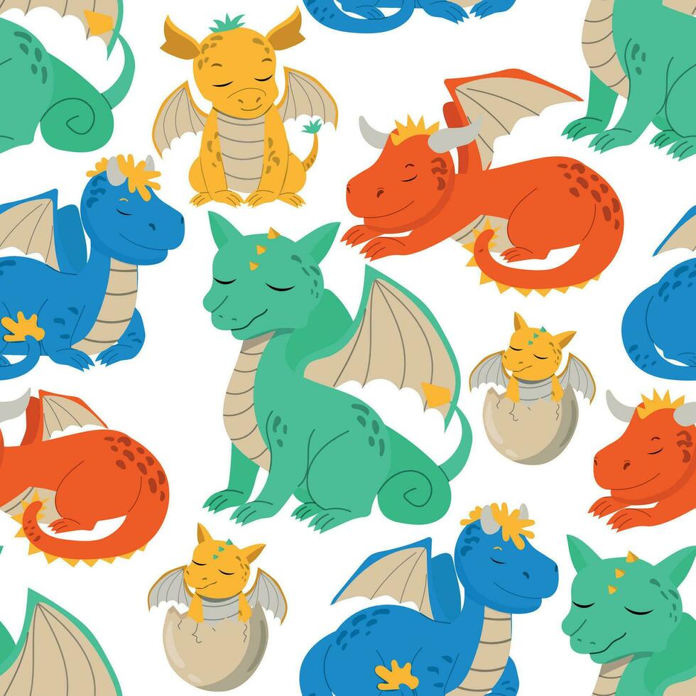 Dragons vector seamless pattern on a white background.