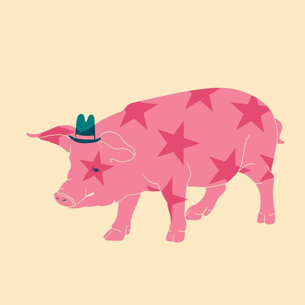 Pink pig in hat . Vector illustration in a minimalist style  with Riso print effect.