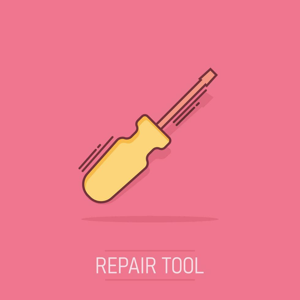 Vector cartoon screwdriver icon in comic style. Repair tool sign illustration pictogram. Screwdriver business splash effect concept.