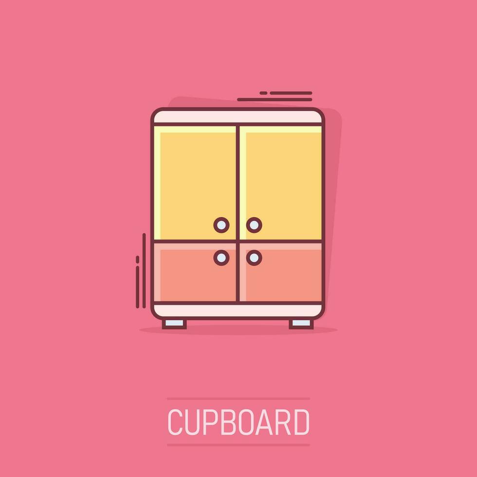 Vector cartoon cupboard icon in comic style. Furniture sign illustration pictogram. Cabinet business splash effect concept.