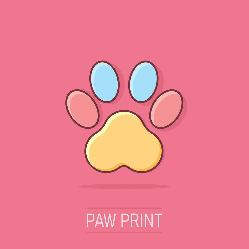 Vector cartoon paw print icon in comic style. Dog, cat, bear paw sign illustration pictogram. Animal foot business splash effect concept.