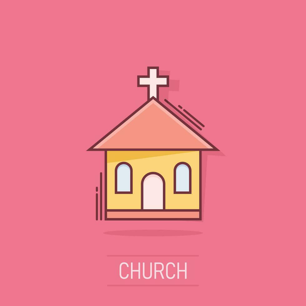Vector cartoon church sanctuary icon in comic style. Chapel sign illustration pictogram. Church business splash effect concept.