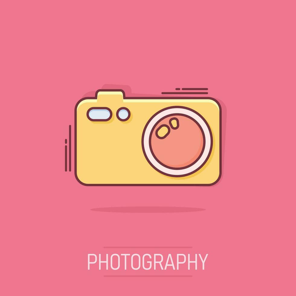 Vector cartoon photo camera icon in comic style. Photographer cam sign illustration pictogram. Camera business splash effect concept.