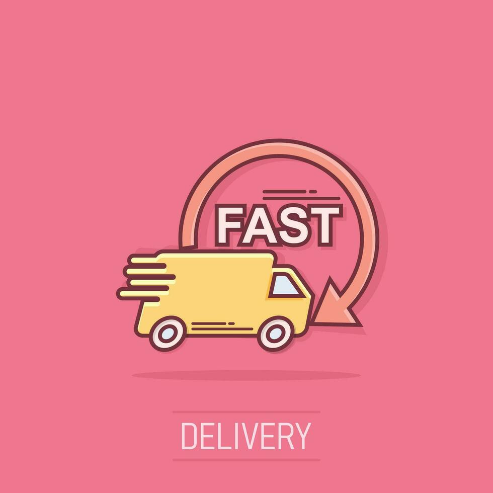 Vector cartoon delivery truck 24h icon in comic style. 24 hours fast delivery service shipping sign illustration pictogram. Car van business splash effect concept.