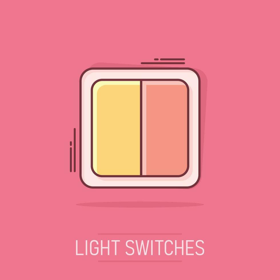 icono de interruptor de luz eléctrica de dibujos animados vectoriales en estilo cómico. pictograma de ilustración de signo de interruptor de alimentación. concepto de efecto de salpicadura de negocio de alto voltaje. vector