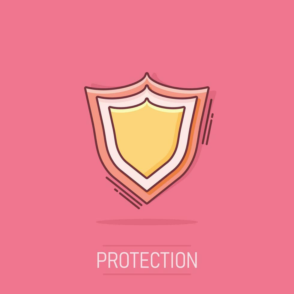 Vector cartoon shield protection icon in comic style. Protect sign illustration pictogram. Defence business splash effect concept.