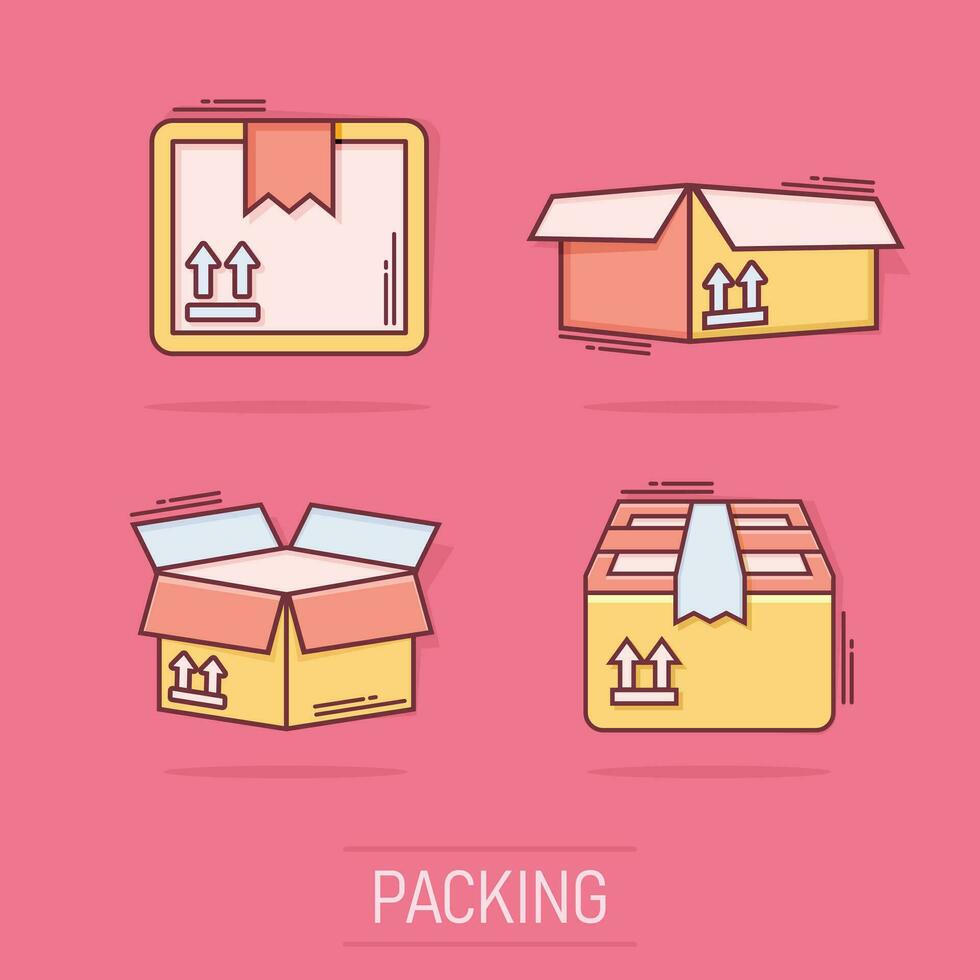 Vector cartoon set of packaging box icon in comic style. Shipping pack sign illustration pictogram. Box business splash effect concept.