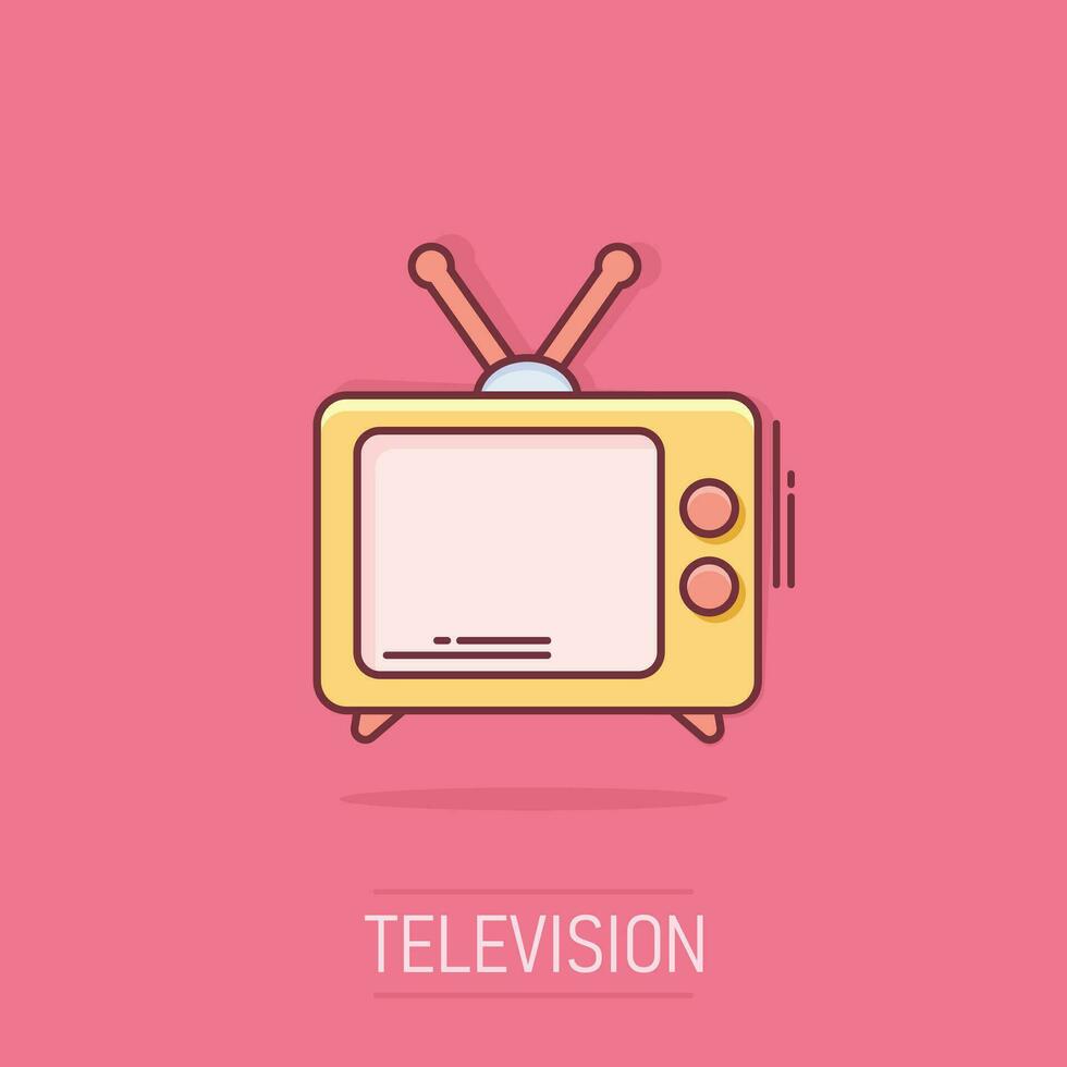 Vector cartoon Tv icon in comic style. Television sign illustration pictogram. Tv business splash effect concept.