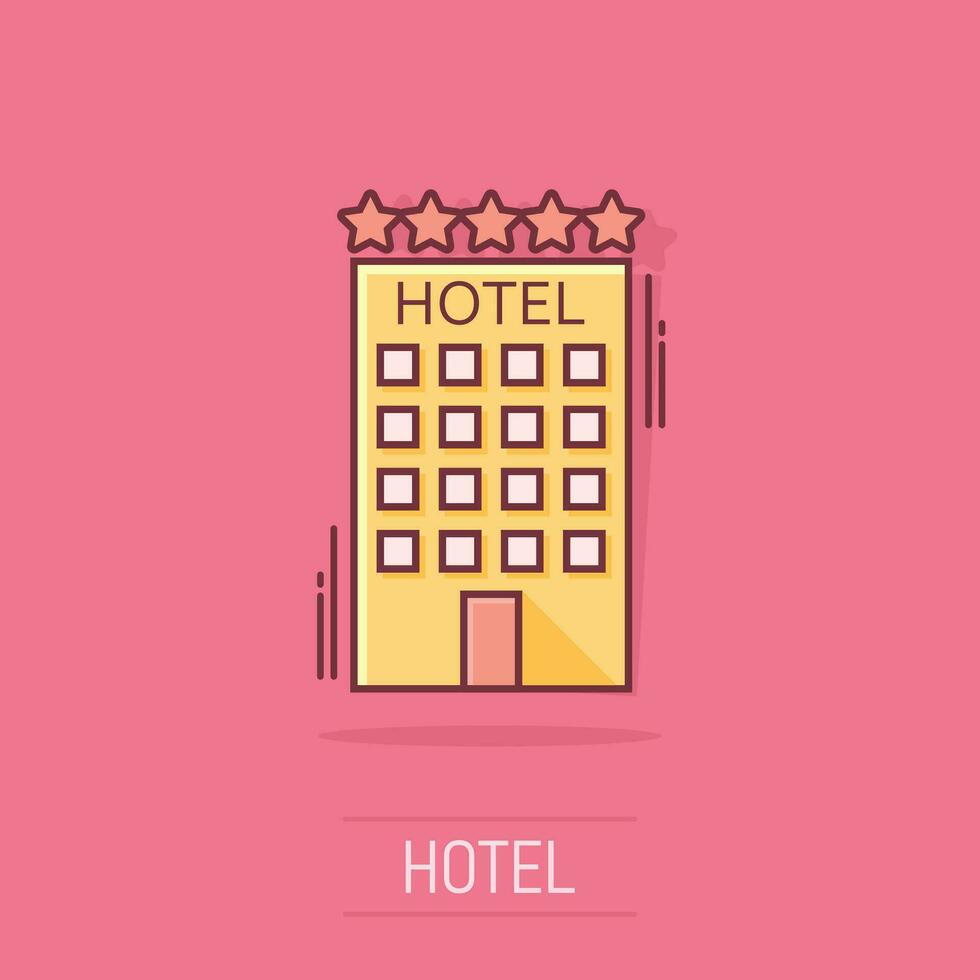 icono de hotel de dibujos animados de vector en estilo cómico. pictograma de ilustración de signo de torre. concepto de efecto de salpicadura de negocios de apartamentos de hotel.