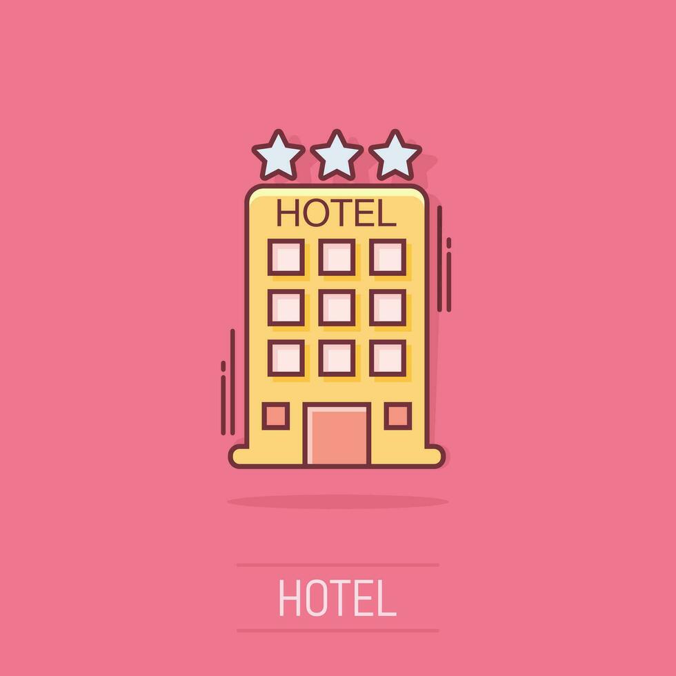 icono de hotel de dibujos animados de vector en estilo cómico. pictograma de ilustración de signo de torre. concepto de efecto de salpicadura de negocios de apartamentos de hotel.