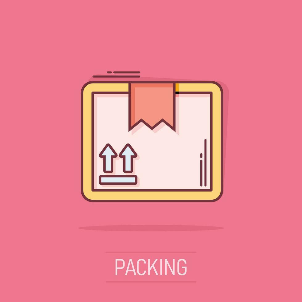 Vector cartoon packaging box icon in comic style. Shipping pack sign illustration pictogram. Box business splash effect concept.