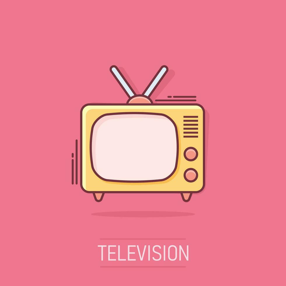 icono de tv de dibujos animados vectoriales en estilo cómico. pictograma de ilustración de señal de televisión. concepto de efecto de salpicadura de negocio de televisión. vector