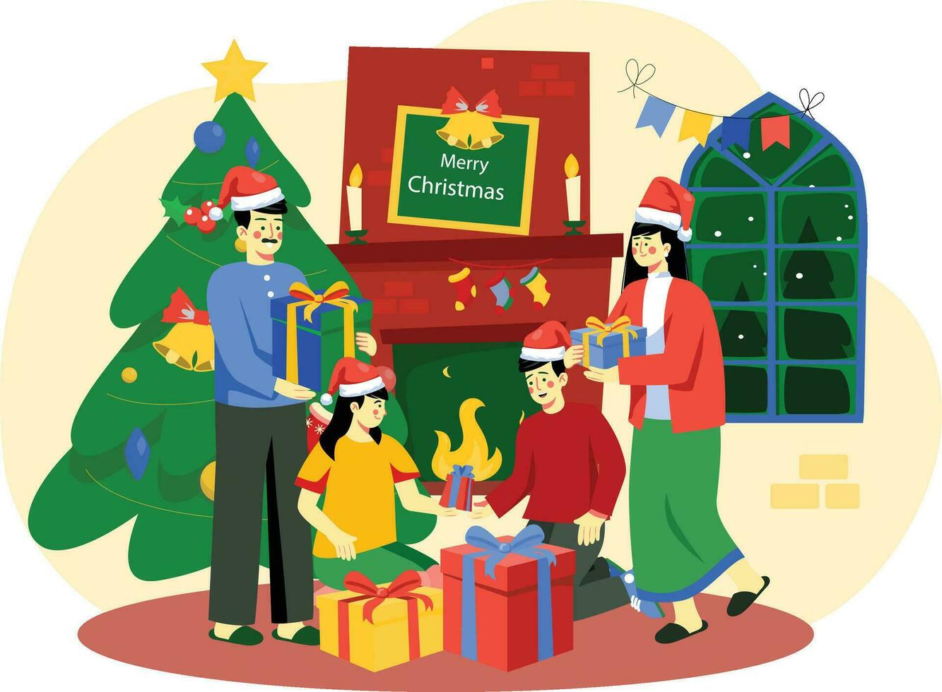 Family celebrating christmas together Illustration vector