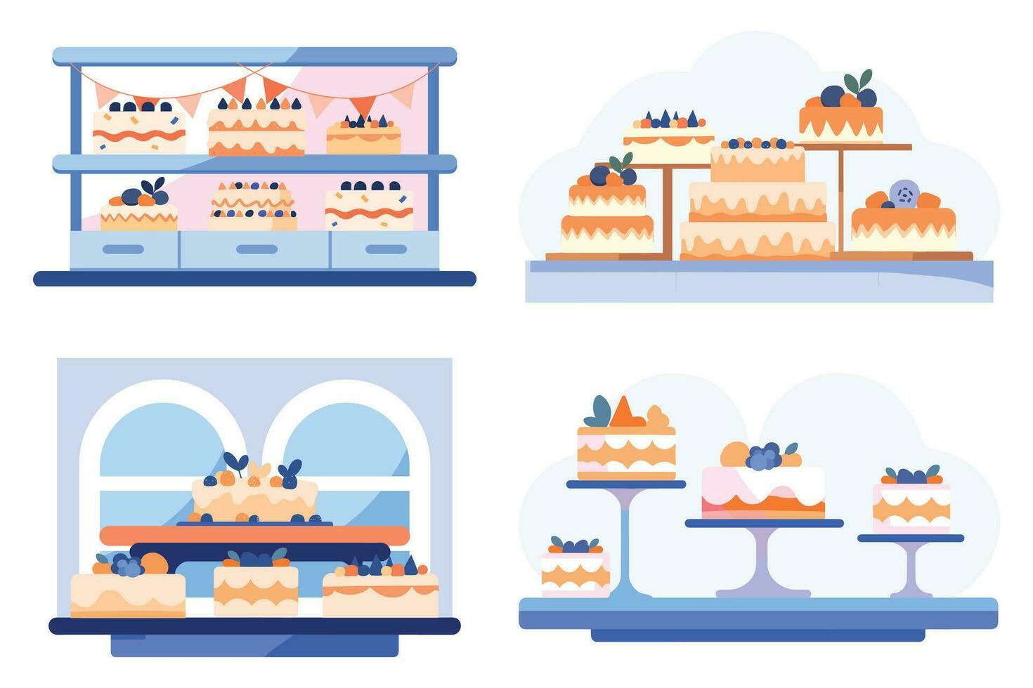 Hand Drawn Bakery shop front full of cakes in flat style vector